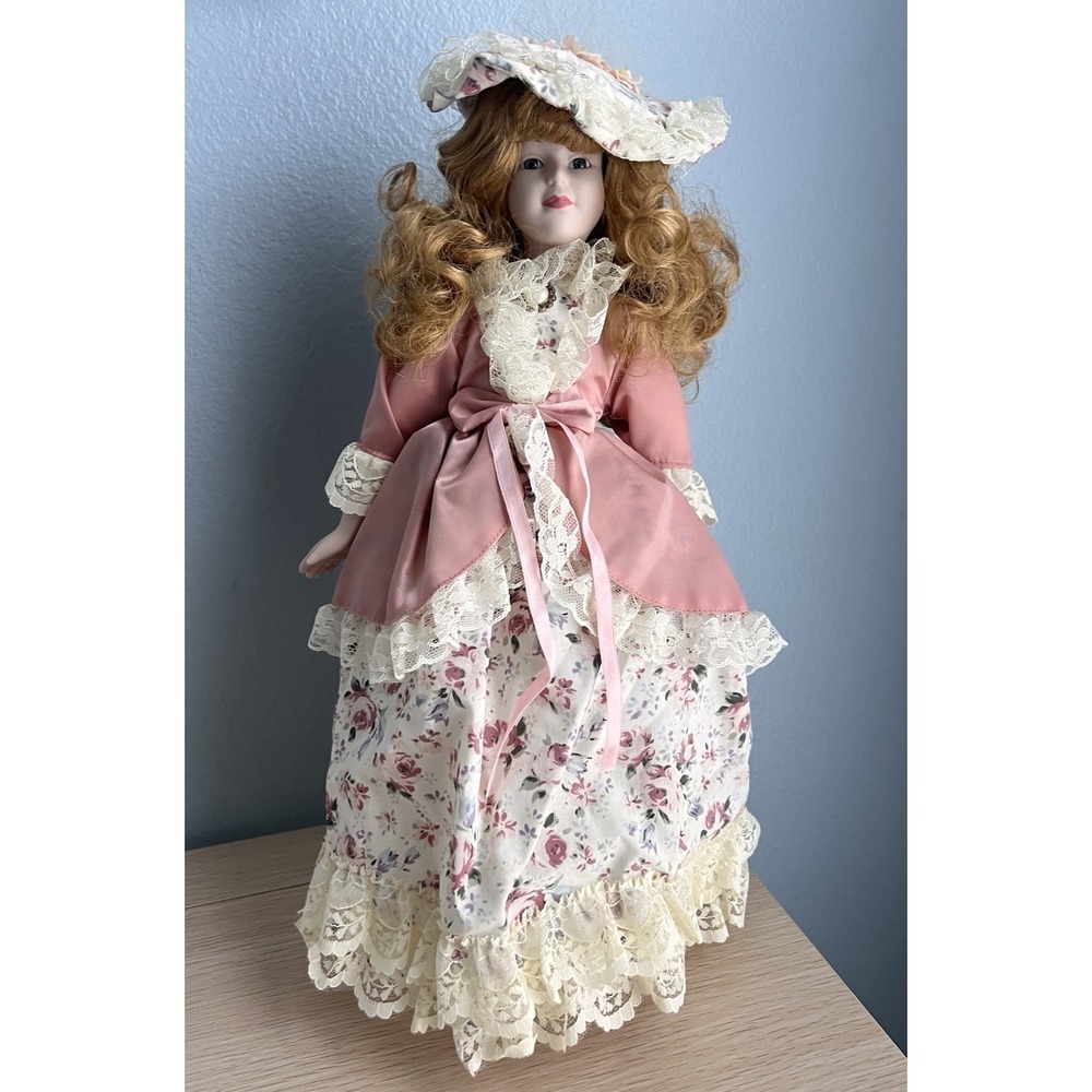 Vintage ANCO Strawberry Blond Colonial Style Porcelain Doll Pink Floral & Stand